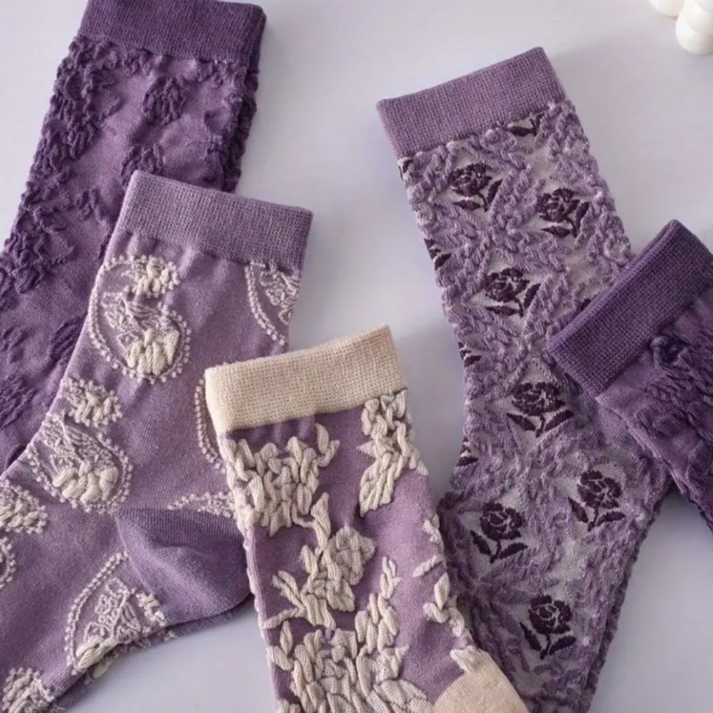 5 pairs of floral purple print socks - Picture 4 of 4